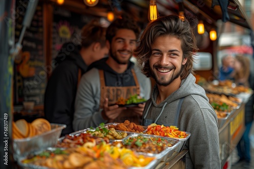 A man with a smile is standing in front of a food truck in the city, holding a plate of delicious cuisine. He is showcasing a dish made with fresh ingredients from the market for a cooking event