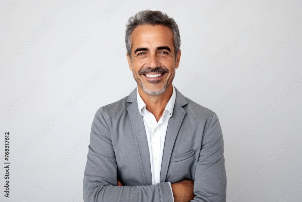 Portrait of a handsome mature man smiling at the camera while standing against grey background Portrait of a handsome mature man smiling at the camera while standing against grey background