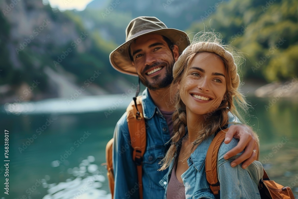 Attractive couple with backpacks sharing a moment with alpine lake background during a hike Attractive couple with backpacks sharing a moment with alpine lake background during a hike