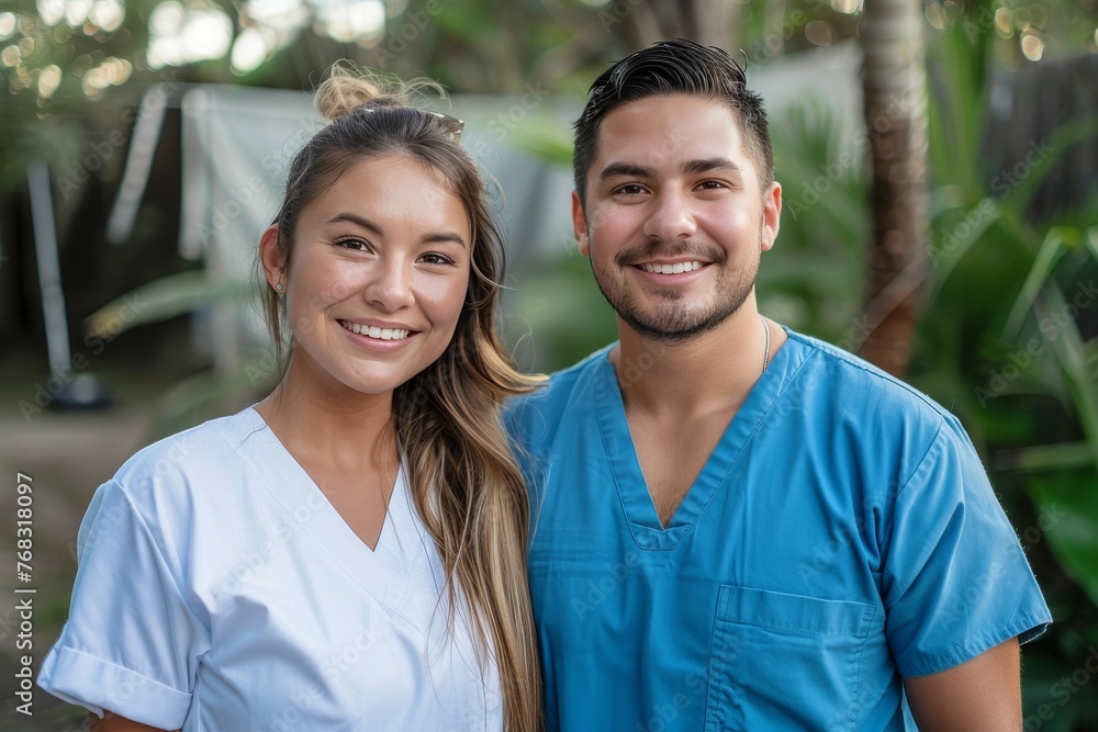 Two smiling healthcare workers in scrubs with a natural backdrop, portraying professionalism Two smiling healthcare workers in scrubs with a natural backdrop, portraying professionalism