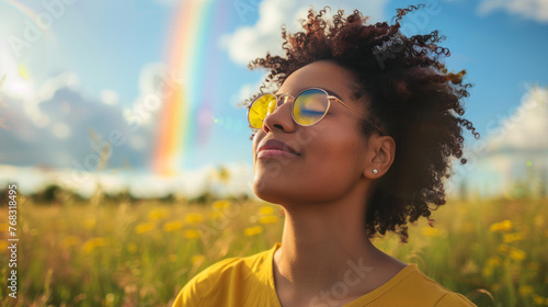 Happy young black woman breathing fresh air outdoors in nature. African american female meditating outside practicing wellness meditating deep breathing. Blue sky and rainbow. Inclusive pride