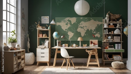 Explorer's Cove: Educational Kids' Room with World Map and Creative Elements photo
