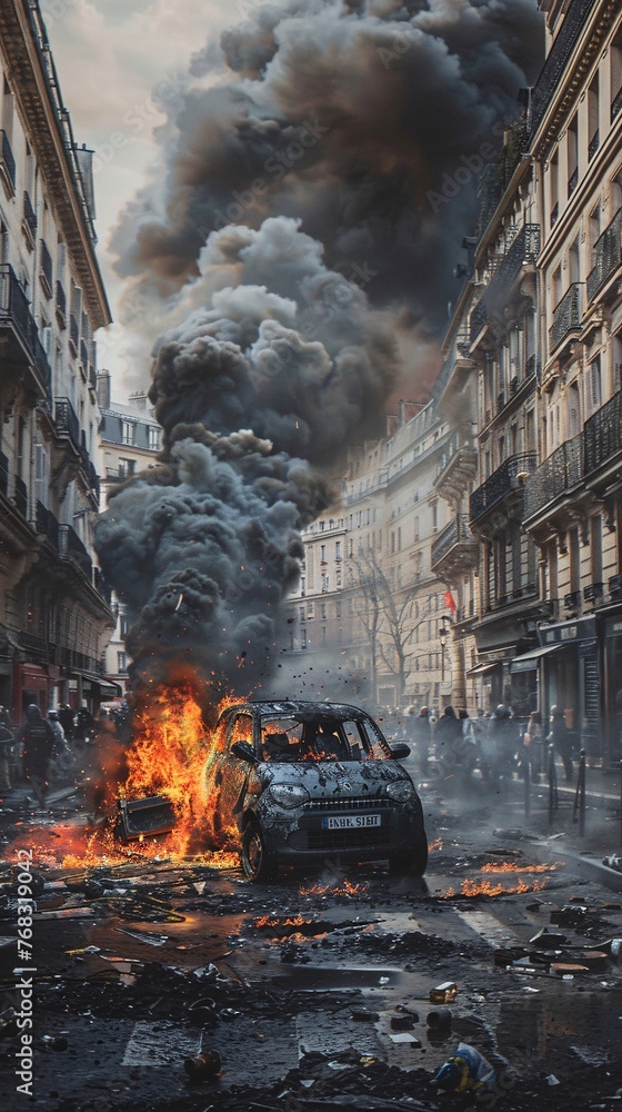 Tumultuous Times  The Unrest in Paris Streets with Burning Car Amidst Protests