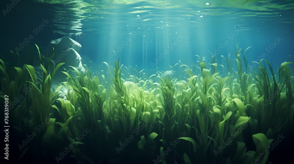 Fototapeta premium Green bright algae growing underwater