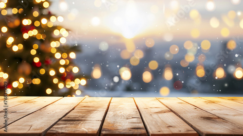 Empty wooden table top with abstract warm decor with christmas tree string light blur. Generative Ai