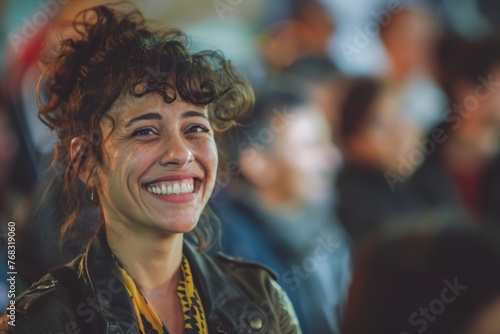 A curly-haired woman laughs joyfully at a social event or festival