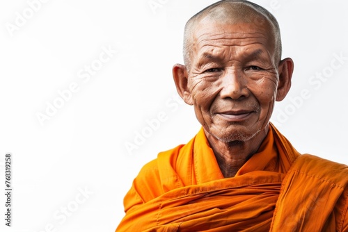 An elder Buddhist monk gazes serenely, wearing traditional orange robes