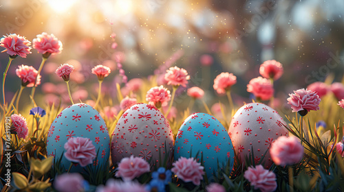 colorful easter eggs with carnations