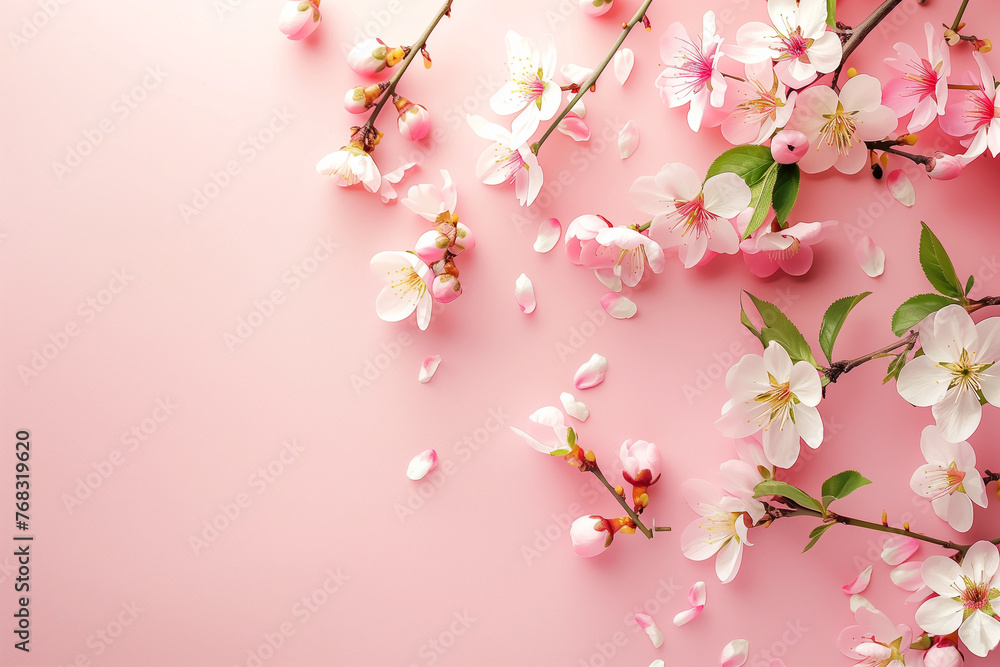Fototapeta premium Springtime Greeting Card Template: Flowers cherry blossom on Light Pink Background. Wedding invitation, mother's day or other holidays.