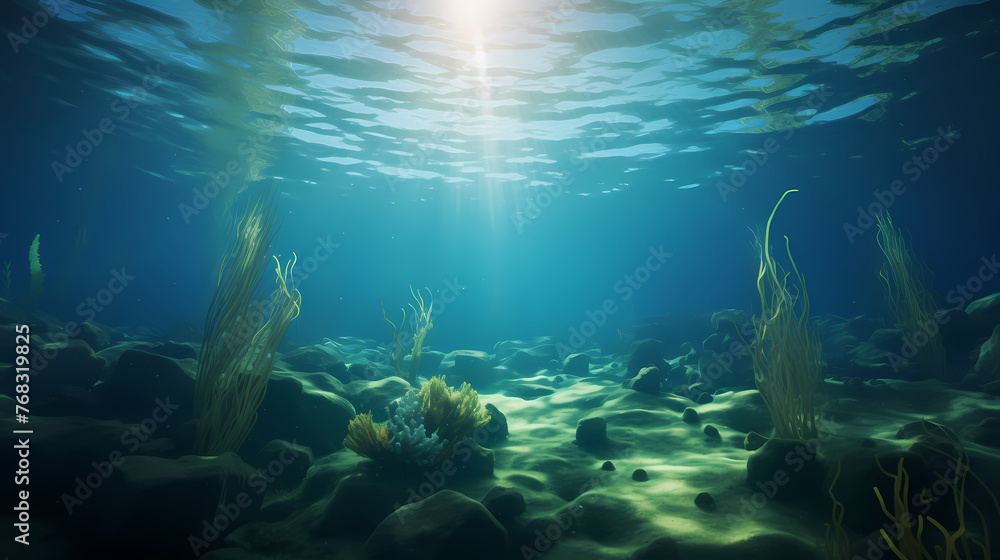 Fototapeta premium Green bright algae growing underwater