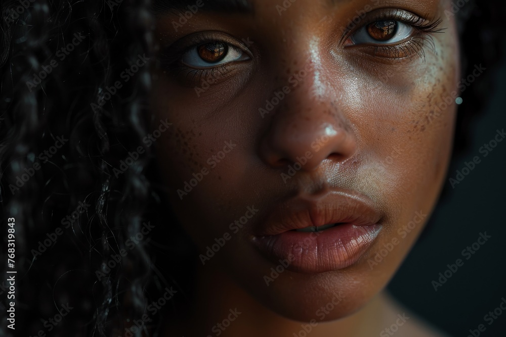 Intense close-up of a young woman's face highlighting her freckles and natural beauty