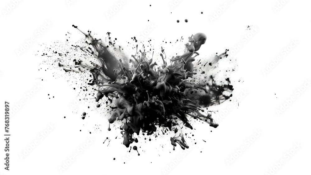 Isolated Dynamic Black Ink Splashes on White Canvas. Abstract Artistic Expression Isolated Dynamic Black Ink Splashes on White Canvas. Abstract Artistic Expression