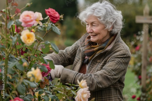 A senior adult is carefully pruning and taking care of colorful rose bushes in a beautiful garden setting