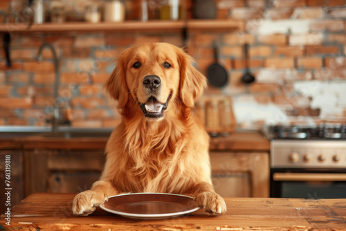 Hund sitzt am Tisch und wartet auf Futter und freut sich