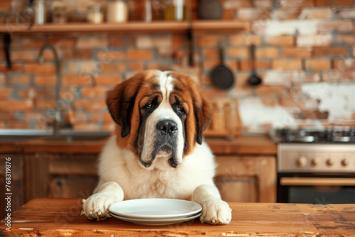 Hund sitzt am Tisch und wartet auf Futter und freut sich photo