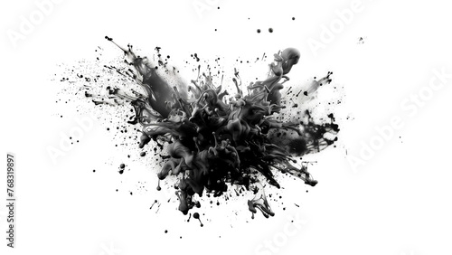 Isolated Dynamic Black Ink Splashes on White Canvas. Abstract Artistic Expression