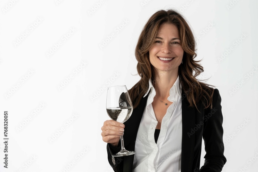 Mid-aged woman gracefully holding a glass of sparkling white wine, toasting Mid-aged woman gracefully holding a glass of sparkling white wine, toasting