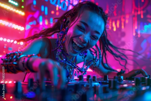 Dynamic scene of a DJ manipulating a console under bright neon lights with the face purposefully obscured for privacy