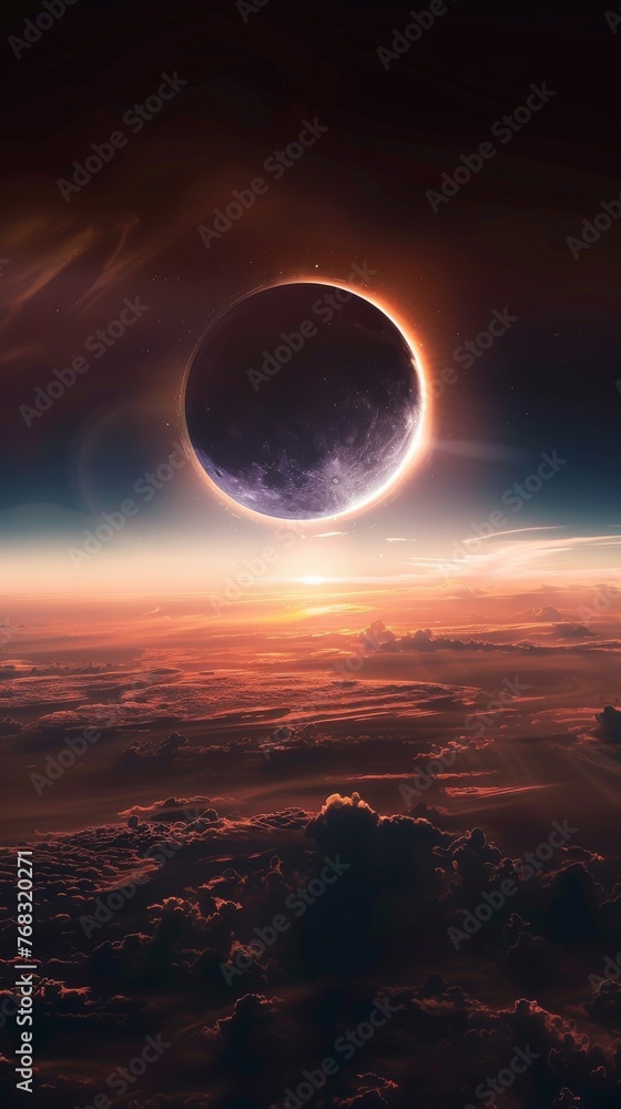 Captivating image of an otherworldly lunar eclipse hovering over a serene cloud-covered horizon Captivating image of an otherworldly lunar eclipse hovering over a serene cloud-covered horizon