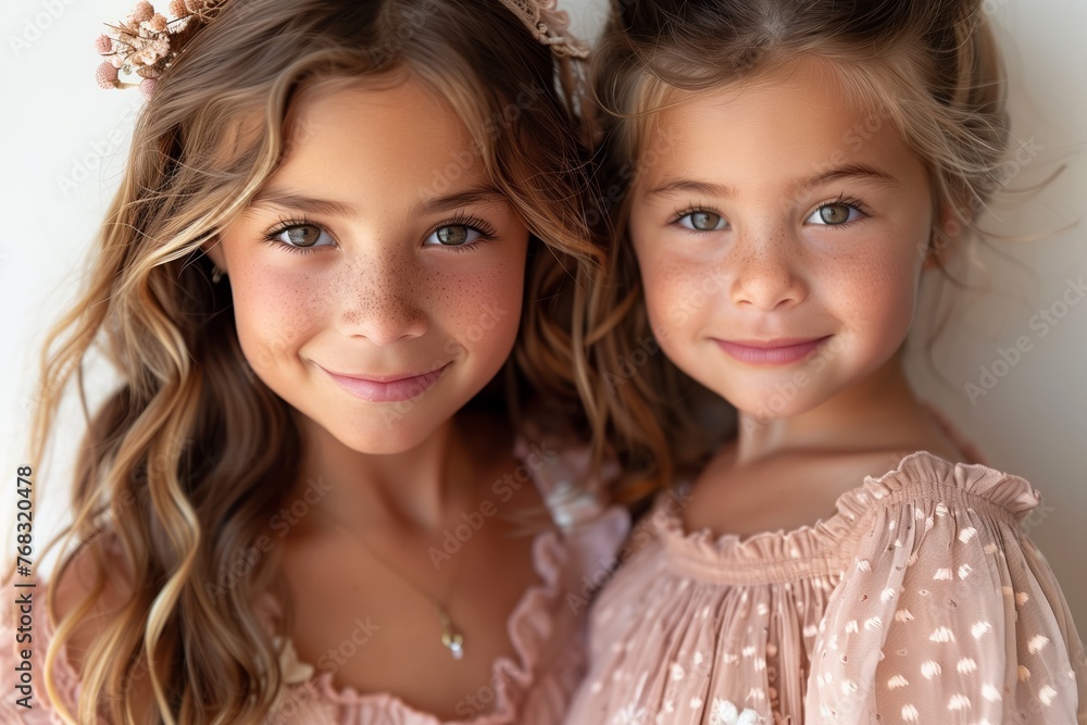 Two happy little girls with different hairstyles are standing next to each other, smiling for the camera. Their eyes sparkle with joy and fun as they pose for the picture