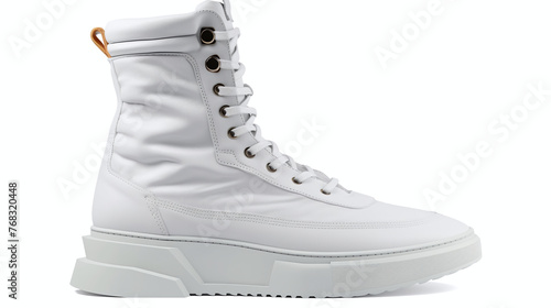 classic white high top sneakers with thick sole isolated on white photo