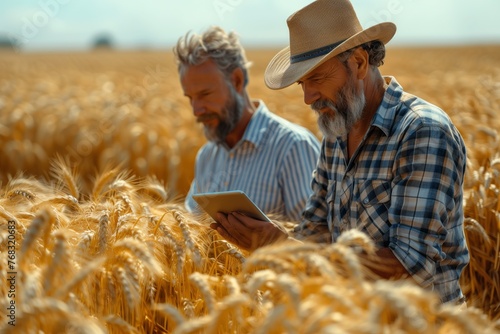 Two men in a rural area stand in a wheat field wearing sun hats, observing a tablet. Surrounded by Khorasan wheat, they seem happy in nature photo