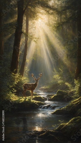 Forest Dawn: Majestic Deer in a Sunlit Glade © Furkan