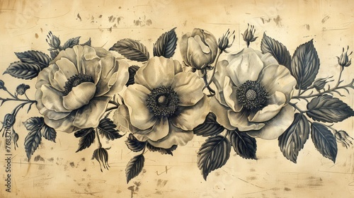 Nostalgic old engraving, delicate flowers immortalized in intricate detail, evoking the timeless beauty and craftsmanship of traditional engraving techniques, a vintage tribute to nature's elegance