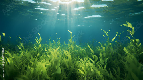 Underwater landscape with green seagrass at the bottom of the sea