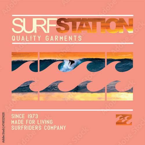 Vector illustration of surfer lettering and silhouette. Art alluding to the sport of surfing for prints on t-shirts, posters, etc.