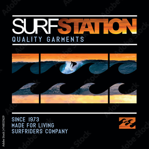 Vector illustration of surfer lettering and silhouette. Art alluding to the sport of surfing for prints on t-shirts, posters, etc.
