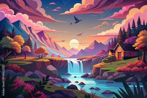 Sunset illuminating a cascade, clouds painted in pastel hues above an idyllic village, a gentle stream meandering into a serene pond, flock of birds in flight silhouetted against the sky, vibrant foli