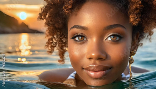 jeune femme afro se baignant