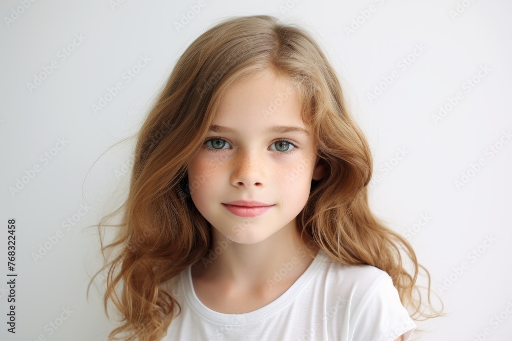 Portrait of a beautiful little girl with long blond hair on a white background Portrait of a beautiful little girl with long blond hair on a white background