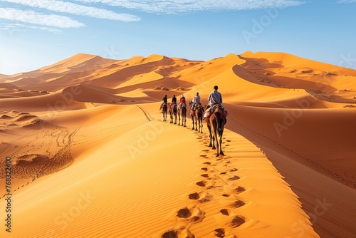 A group of travelers are journeying on camels through the vast desert landscape  with the sky filled with clouds painting a beautiful horizon