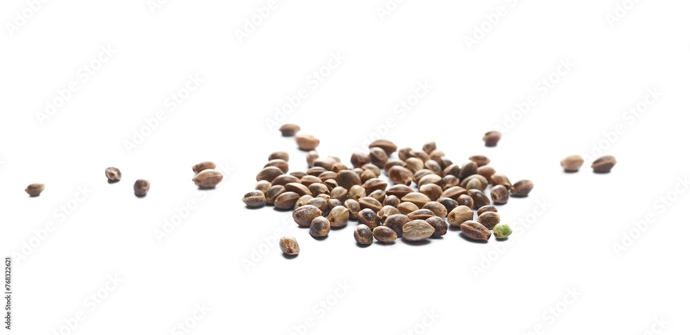 Hemp seeds pile isolated on white background, side view Hemp seeds pile isolated on white background, side view