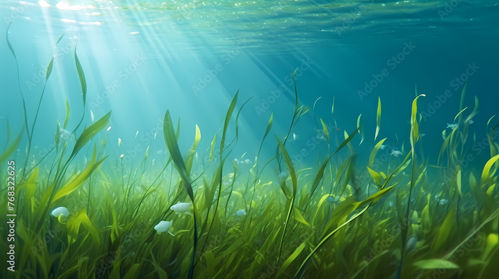 Underwater landscape with green seagrass at the bottom of the sea