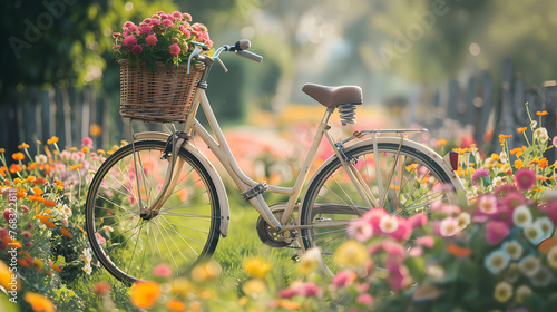 White lady's bicycle with a beautiful flower basket on front.