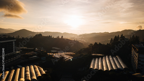 Golden sunrise aerial view in Cameron Highlands, Malaysia.
