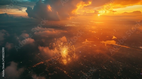 sunset in the clouds with firework
