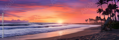 Twilight Tranquility: A Serene Coastal Scene as the Sun Sets over the Palm Trees and Lifeguard Chair