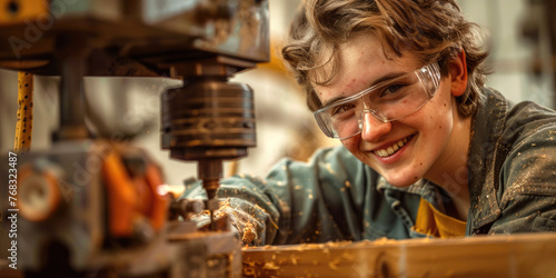 A smiling male trainee wearing safety glasses is drilling into wood © piai