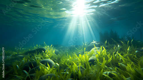 Underwater landscape with green seagrass at the bottom of the sea