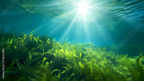 Underwater landscape with green seagrass at the bottom of the sea