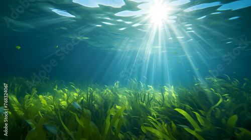 Underwater landscape with green seagrass at the bottom of the sea © Derby