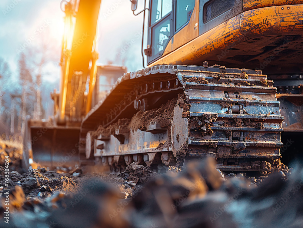 Excavator Arm, hydraulic cylinders, heavy construction equipment mechanism, digging foundation, sunny weather, photography, Golden Hour lighting, Depth of Field Bokeh effect - obrazy, fototapety, plakaty 