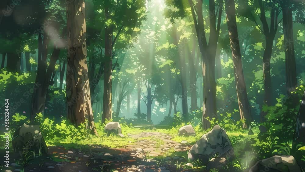 Scenic forest landscape with winding dirt road amidst dense woodland. Seamless Looping 4k Video Animation Scenic forest landscape with winding dirt road amidst dense woodland. Seamless Looping 4k Video Animation