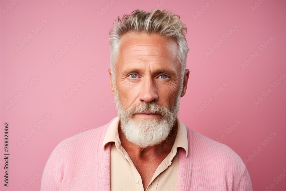 Portrait of handsome senior man with grey beard and mustache looking at camera while standing against pink background Portrait of handsome senior man with grey beard and mustache looking at camera while standing against pink background