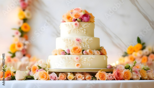 Beautiful Wedding cake with flowers on marble table and white background