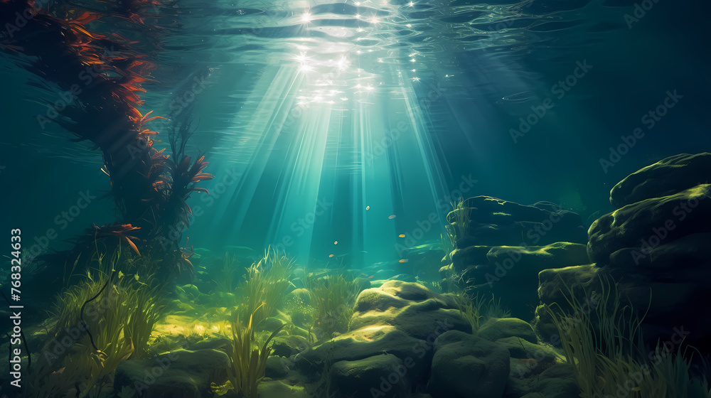 Underwater landscape with green seagrass at the bottom of the sea Underwater landscape with green seagrass at the bottom of the sea